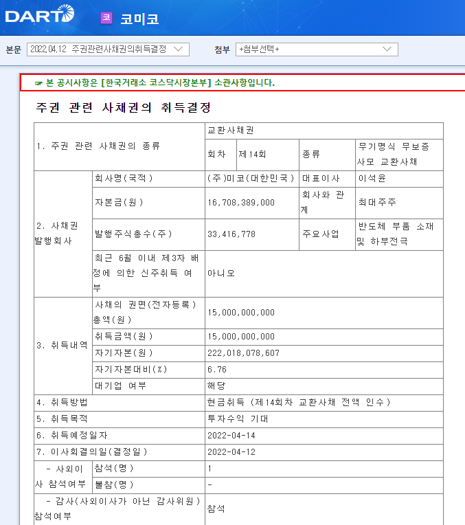 코미코 / 주권관련사채권의취득결정