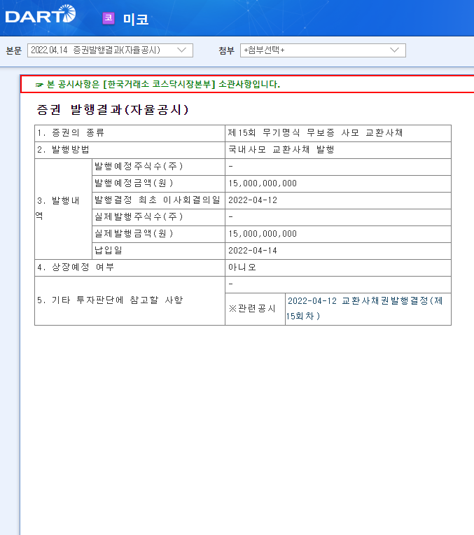 미코 / 증권발행결과(자율공시)