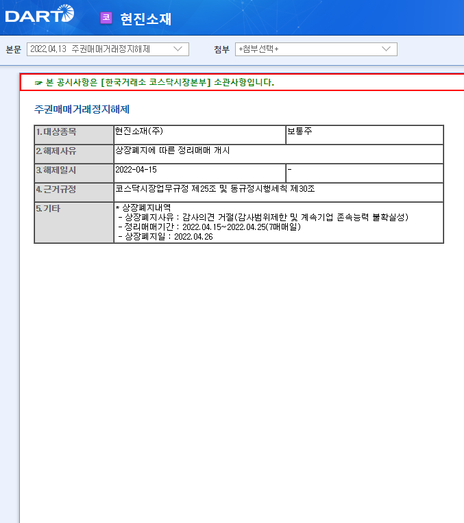 현진소재 / 주권매매거래정지해제 현진소재 / 주권매매거래정지해제