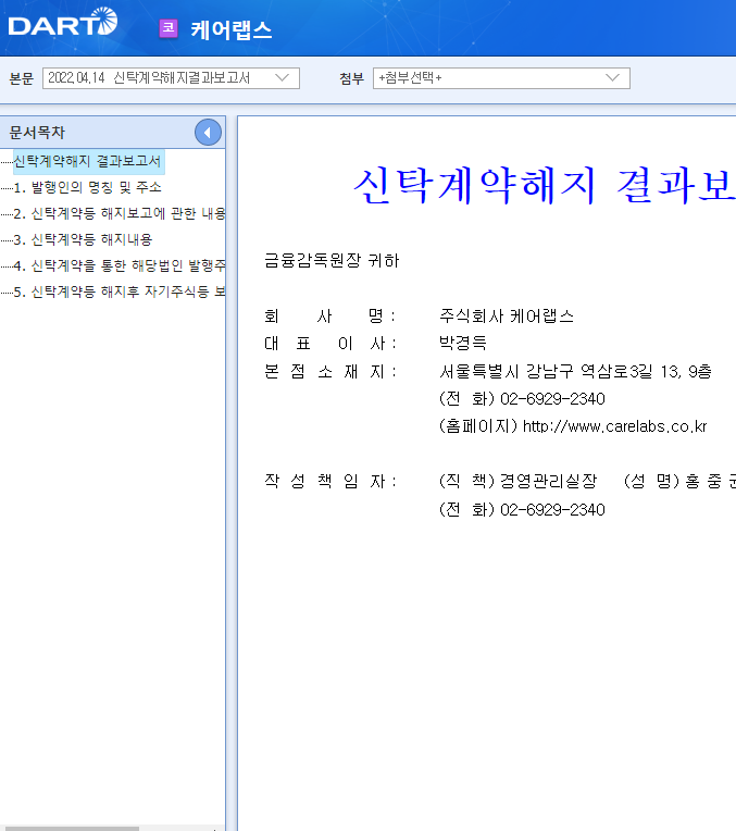 케어랩스 / 신탁계약해지결과보고서