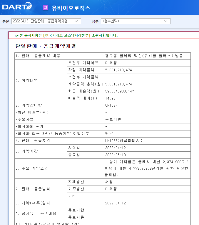 유바이오로직스 / 단일판매ㆍ공급계약체결