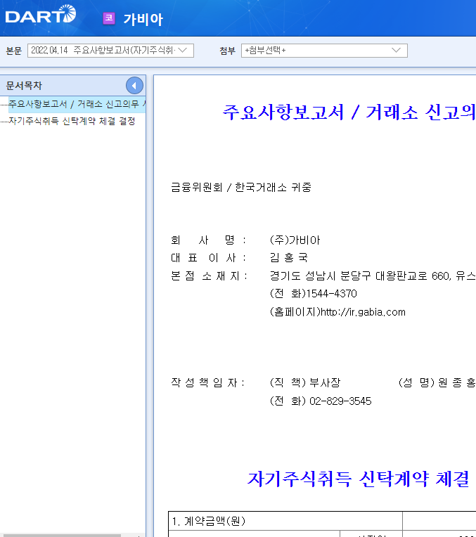가비아 / 주요사항보고서(자기주식취득신탁계약체결결정) 가비아 / 주요사항보고서(자기주식취득신탁계약체결결정)