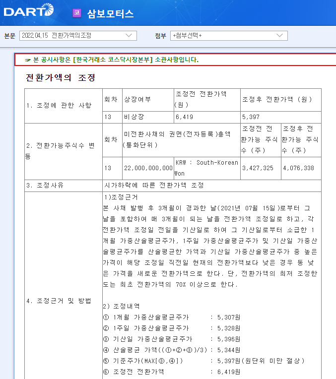 삼보모터스 / 전환가액의조정 삼보모터스 / 전환가액의조정