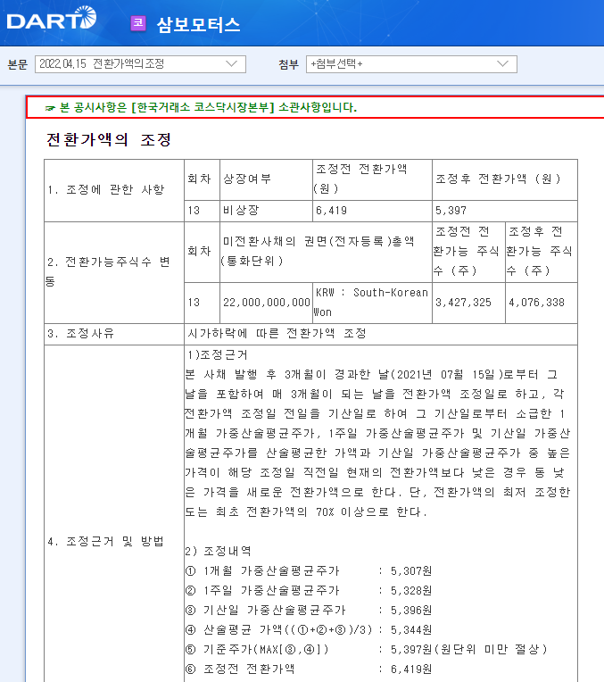 삼보모터스 / 전환가액의조정