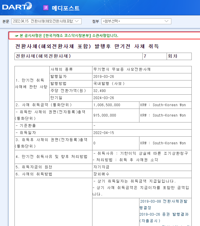 메디포스트 / 전환사채(해외전환사채포함)발행후만기전사채취득