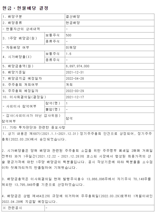  2021년 KG케미칼 배당금 총액 시가배당율 기준일 케이지 Chemical 001390 금융감독원 DART