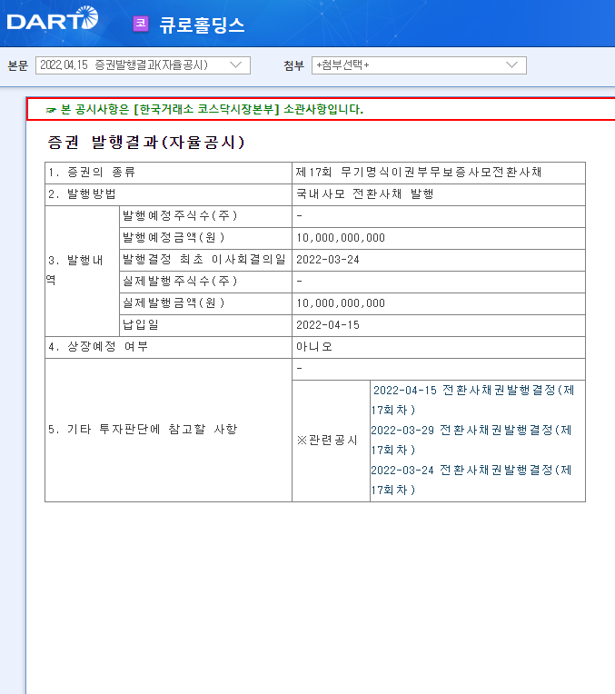 큐로홀딩스 / 증권발행결과(자율공시) 큐로홀딩스 / 증권발행결과(자율공시)