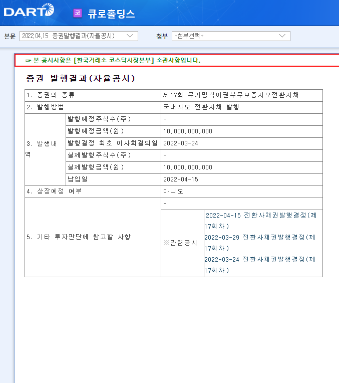 큐로홀딩스 / 증권발행결과(자율공시)