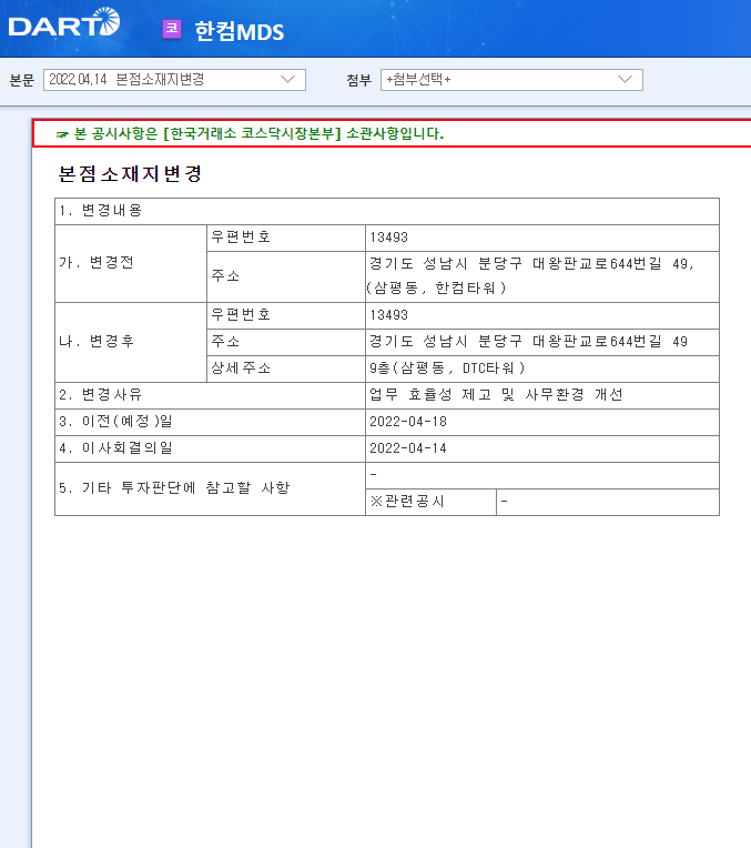 한컴MDS / 본점소재지변경