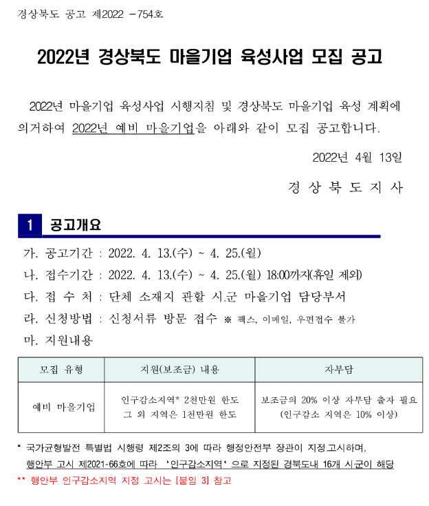 [경북] 2022년 마을기업 육성사업 모집 공고