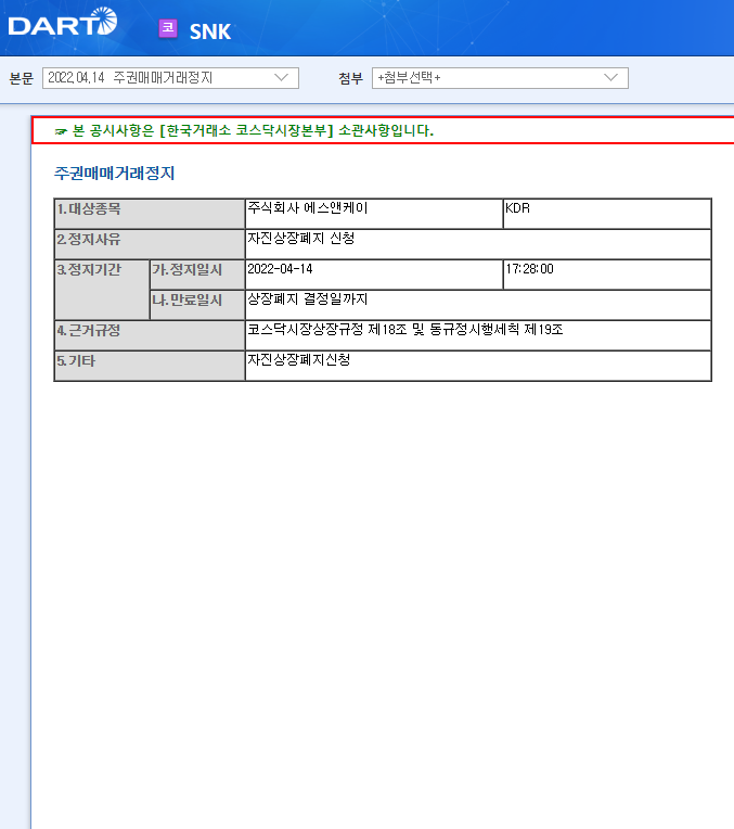 SNK / 주권매매거래정지