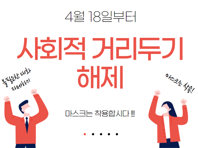  4월18일부터 사회적 거리두기 해제. 25일부터는 영화관 음식물섭취가능 팝콘가능