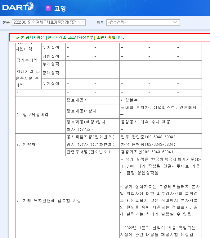 고영 / 연결재무제표기준영업(잠정)실적(공정공시) 고영 / 연결재무제표기준영업(잠정)실적(공정공시)