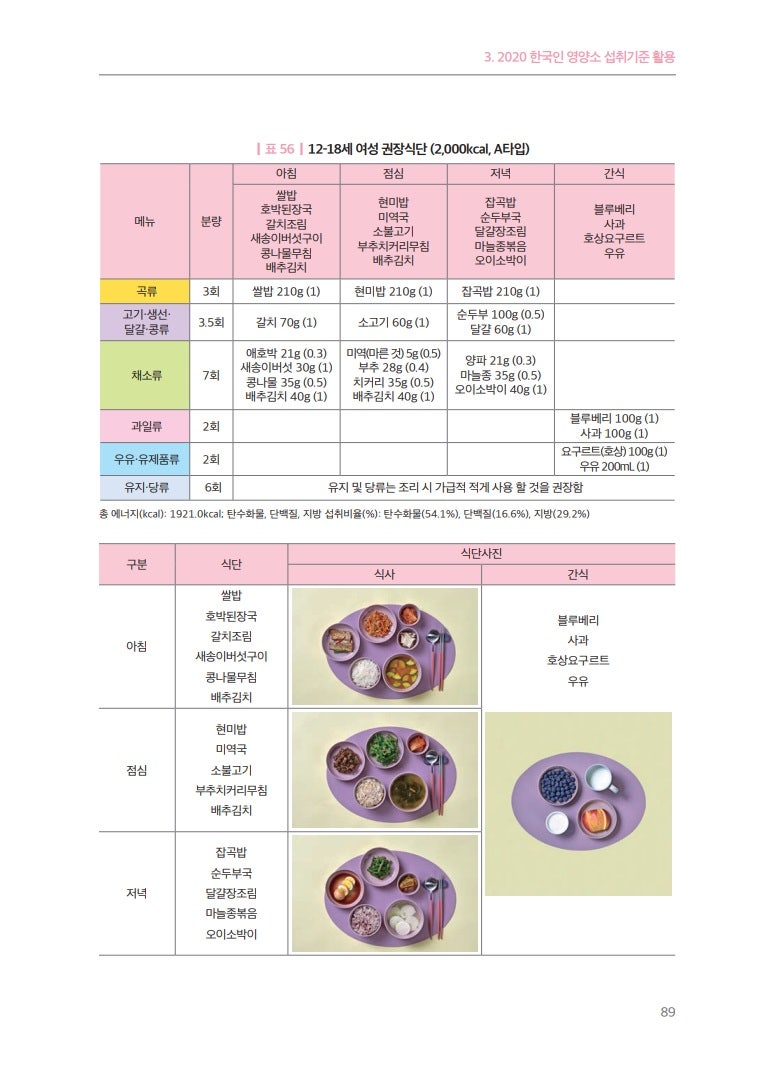 2020 한국인 영양소 섭취기준 식단구성안 : 네이버 블로그