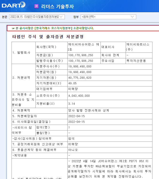 리더스 기술투자 / 타법인주식및출자증권처분결정 리더스 기술투자 / 타법인주식및출자증권처분결정