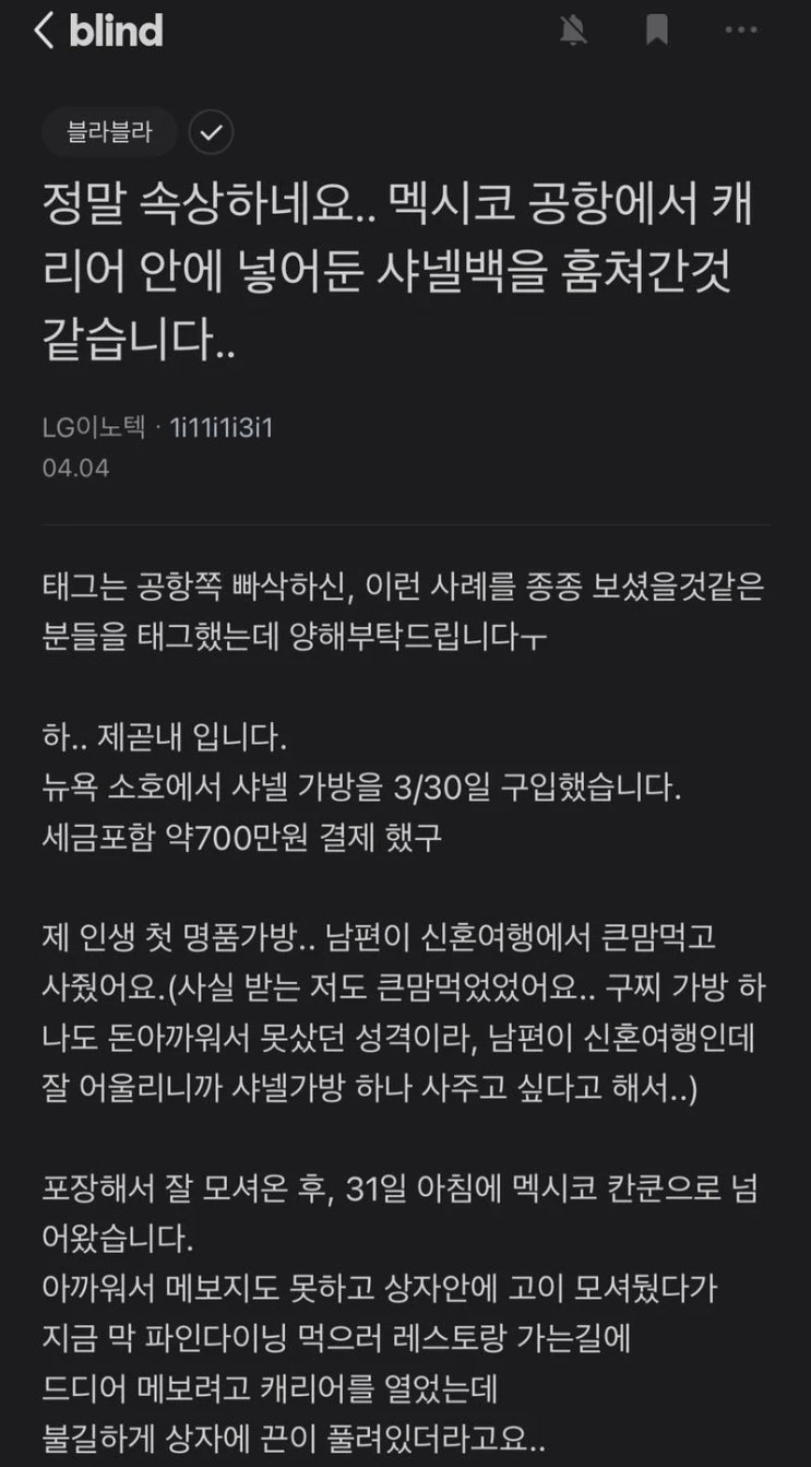  캐리어에 넣어둔 명품 가방이 사라짐