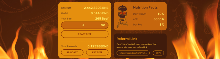  극초기 디파이, ROASTED BEEF 하루이자 10% 28일 재투자시 복리로 하루 이자가 원금이 됩니다.