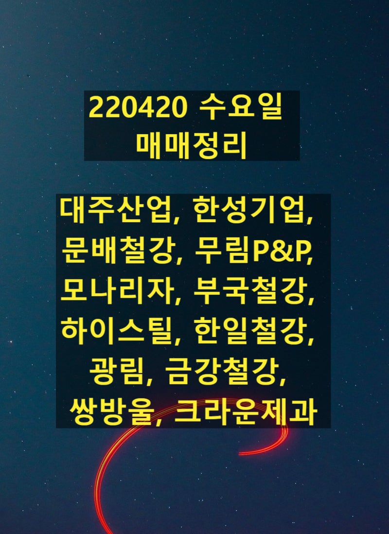 220420 수요일 매매정리 (대주산업, 한성기업, 문배철강, 무림P&P, 모나리자, 부국철강, 하이스틸, 한일철강, 광림, 금강철강,  쌍방울, 크라운제과) : 네이버 블로그