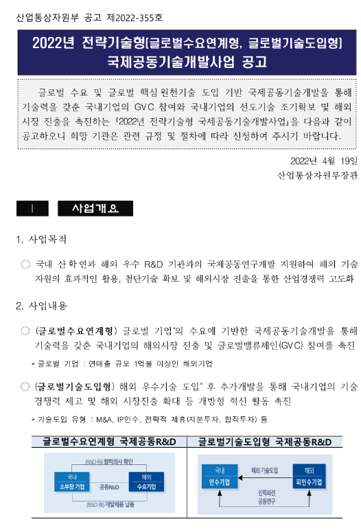 2022년 전략기술형(글로벌수요연계형ㆍ글로벌기술도입형) 국제공동기술개발사업 모집 공고 2022년 전략기술형(글로벌수요연계형ㆍ글로벌기술도입형) 국제공동기술개발사업 모집 공고