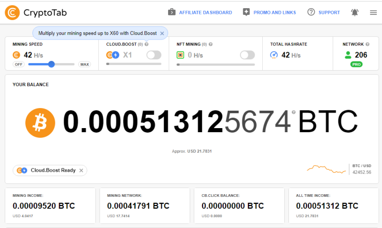 크립토탭 CryptoTab 브라우저를 통한 비트코인 채굴 현황 및 채굴 네트워크 206명 (2022.04.21) 크립토탭 CryptoTab 브라우저를 통한 비트코인 채굴 현황 및 채굴 네트워크 206명 (2022.04.21)