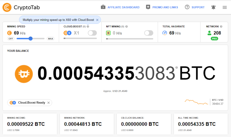 크립토탭 CryptoTab 브라우저를 통한 비트코인 채굴 현황 및 채굴 네트워크 208명 (2022.04.24)