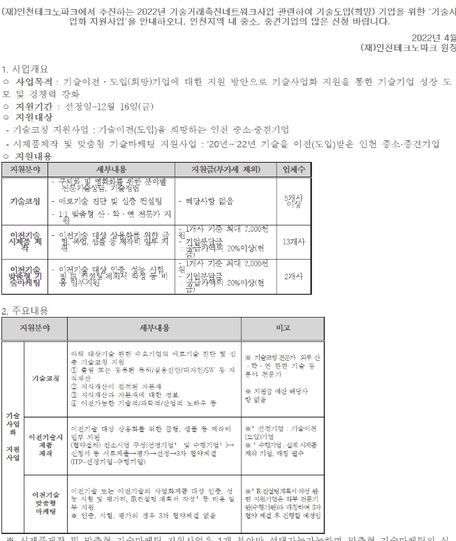 [인천] 2022년 기술거래촉진네트워크사업 기술사업화 지원사업 모집 공고