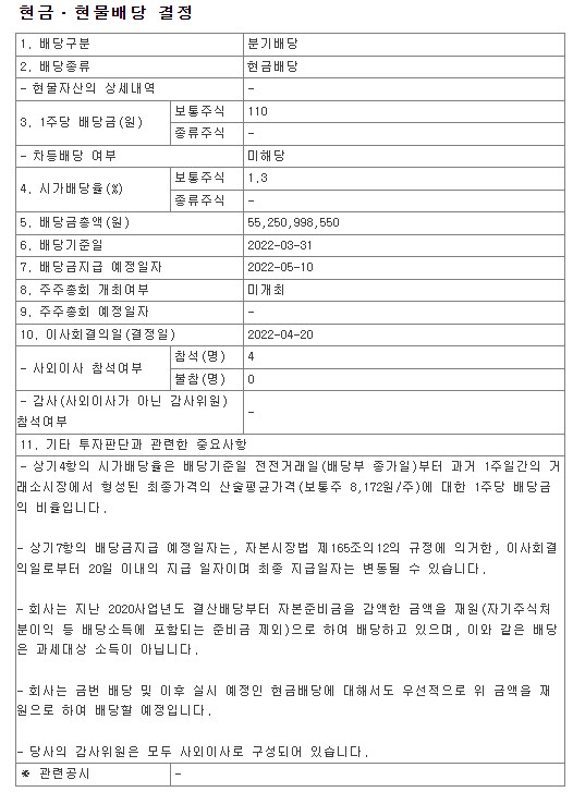  쌍용C&E1분기배당공시