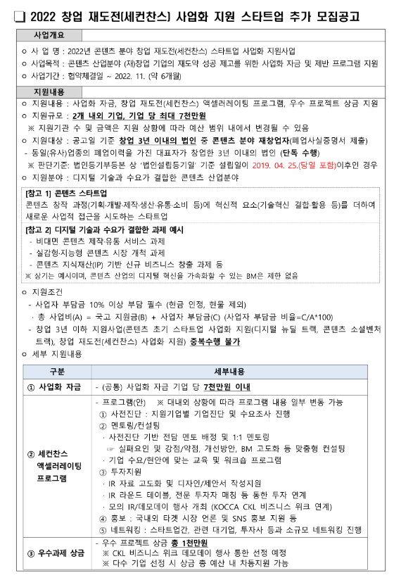 2022년 콘텐츠 분야 창업 재도전(세컨찬스) 스타트업 사업화 지원사업 추가모집 공고 2022년 콘텐츠 분야 창업 재도전(세컨찬스) 스타트업 사업화 지원사업 추가모집 공고