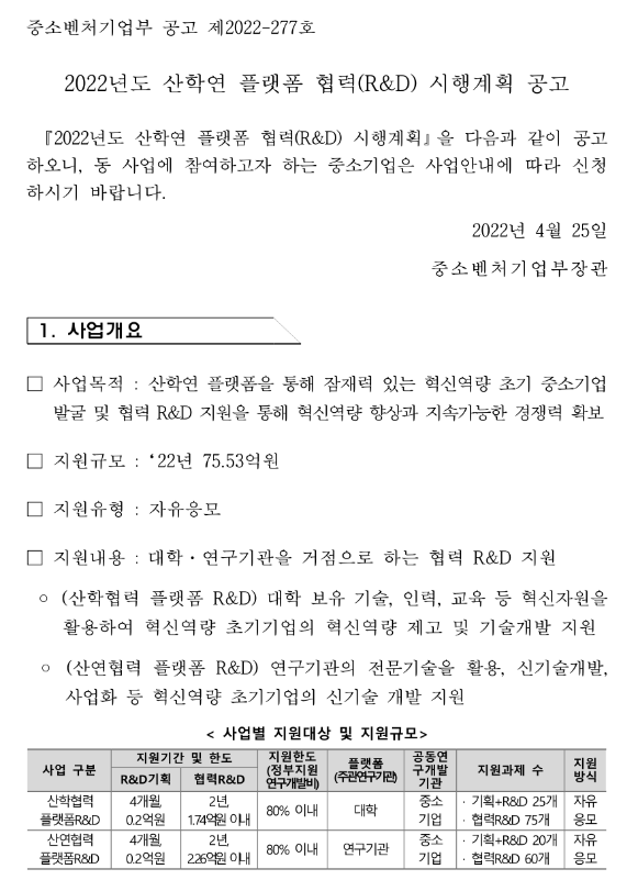 2022년 산학연 플랫폼 협력(R&D) 시행계획 공고 2022년 산학연 플랫폼 협력(R&D) 시행계획 공고