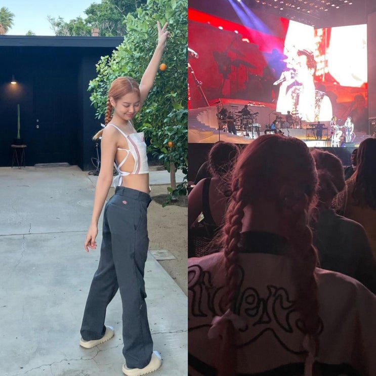 제니 코첼라 패션 - 디키즈 873 차콜, 마린세르 탑, 아디다스 이지 슬라이드 ｜ Dickies, marine serre, yeezy, coachella, jennie