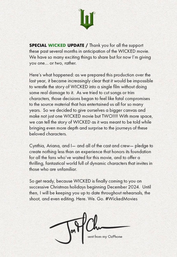 10년 만에 개봉일 확정! 동명 뮤지컬 영화 <위키드 Wicked> 2편으로 제작, 크리스마스 시즌 개봉 [존 추 감독, 아리아나 그란데, 신시아 에리보 주연]