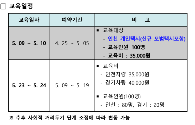 2022년 5월 인천법인택시교육_ (신규, 보수) 일정 알림