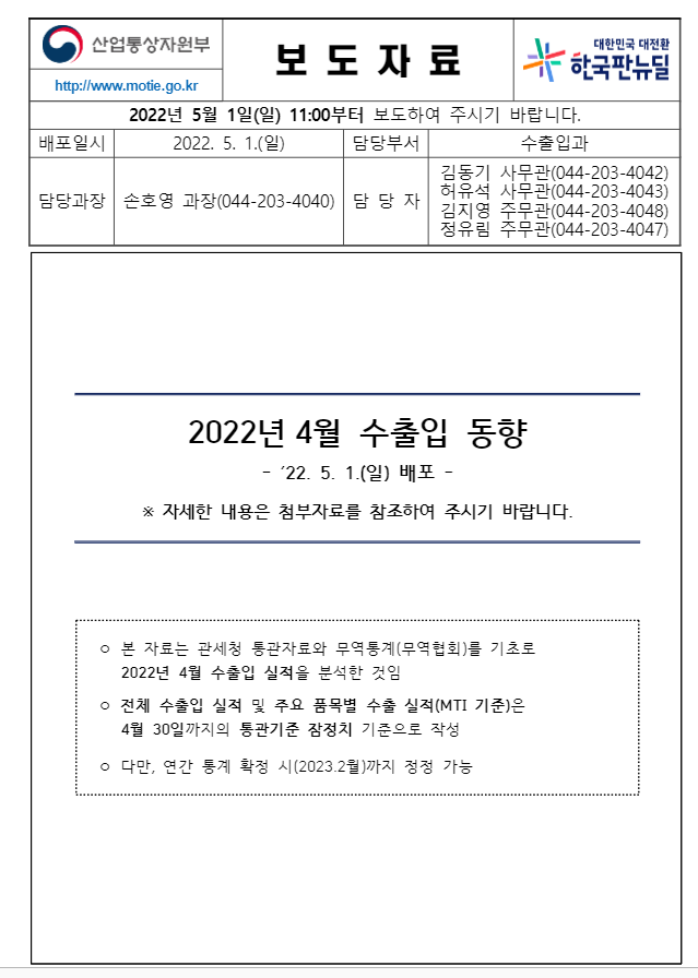  한국 4월 수출입 동향(산업통상자원부 발표)