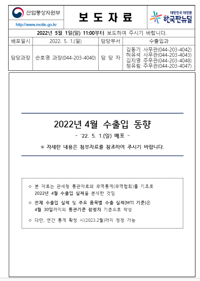 한국 4월 수출입 동향(산업통상자원부 발표)