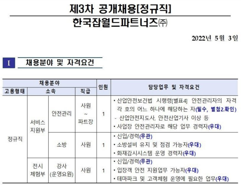 [한국잡월드파트너즈] 안전관리 채용