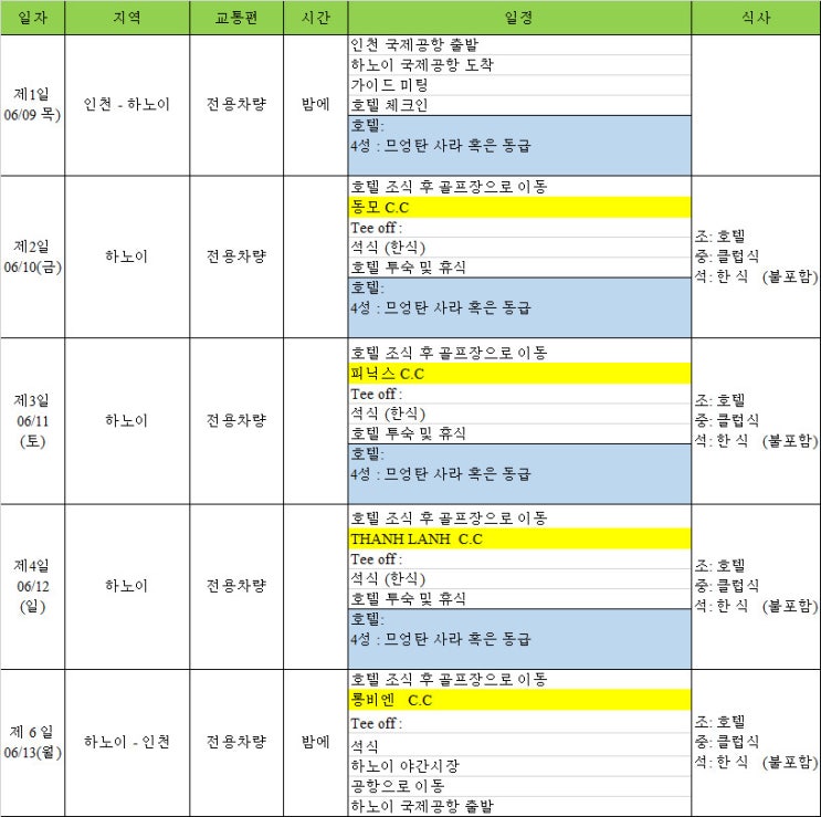 2022년 6월 베트남 하노이 4박 6일 하노이 골프 투어 일정 견적 [미래여행사]