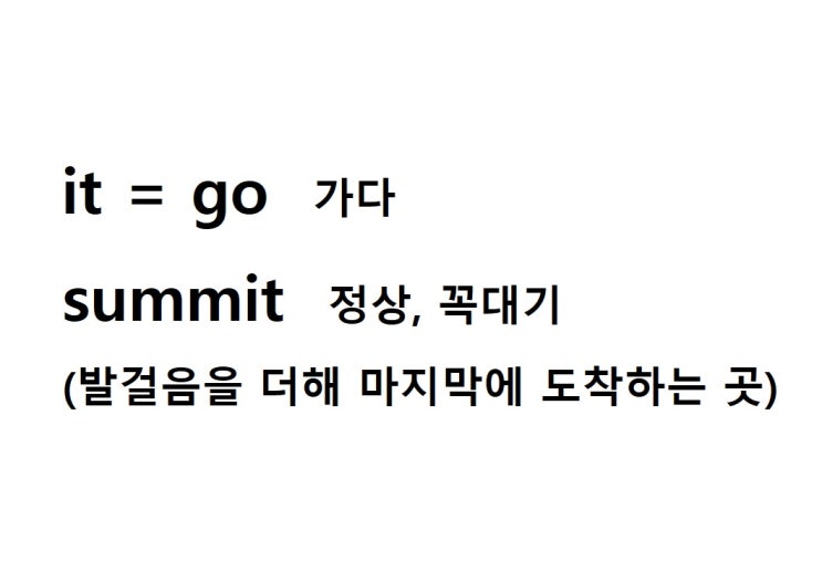  어근 it = go 가다 (summit 발걸음을 더해 가서 마지막에 도착하는 곳 = 정상, 꼭대기)