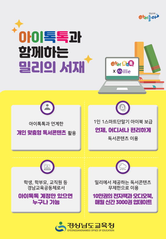 경남학생과 학부모는 밀리의 서재가 무료!(경남교육청 아이톡톡과 협약!)