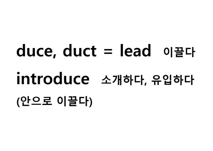  어근 duce, duct = lead 이끌다 (introduce 안으로 이끌다 = 소개하다, 도입하다)