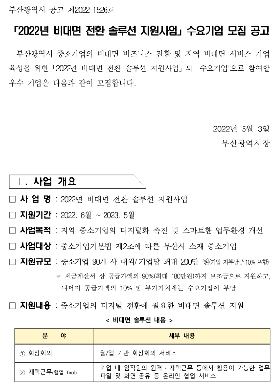 [부산] 2022년 비대면 전환 솔루션 지원사업 수요기업 모집 공고