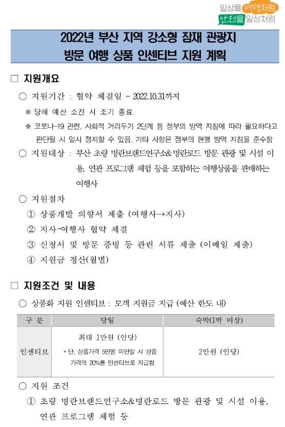 2022년 부산 지역 강소형 잠재 관광지 방문 여행 상품 인센티브 지원계획 공고 2022년 부산 지역 강소형 잠재 관광지 방문 여행 상품 인센티브 지원계획 공고