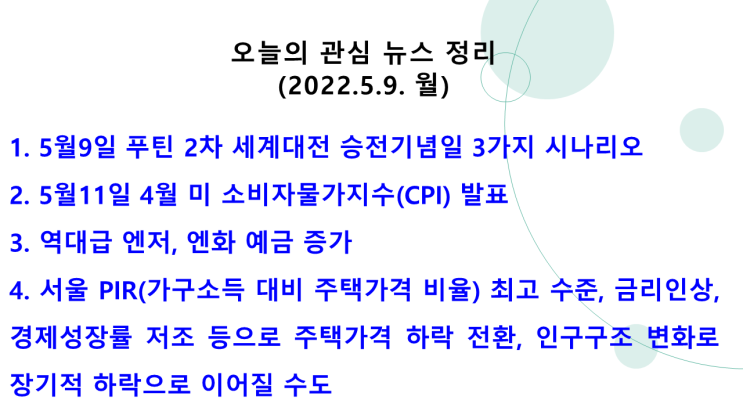  (2022.5.9. 月) 금주 주요 이벤트 - 5/9 푸틴 2차 세계대전 승전기념일, 5/11 4월 미 CPI 발표