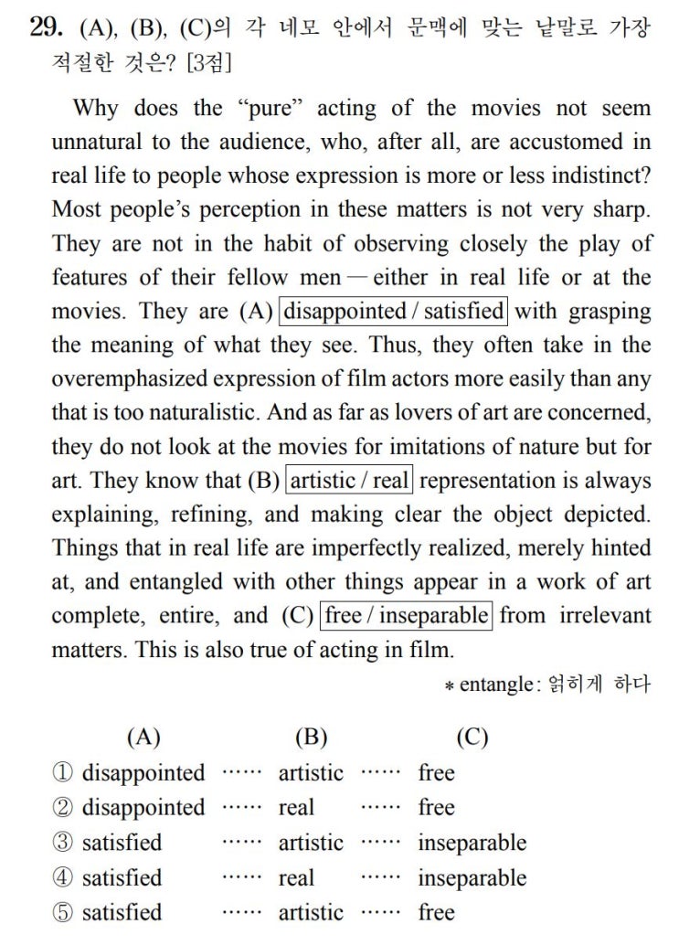  [어휘] 2018년 9월 고3 모의고사 영어 29번 해설 Why does the “pure” acting of the movies not seem unnatural (직독직해)