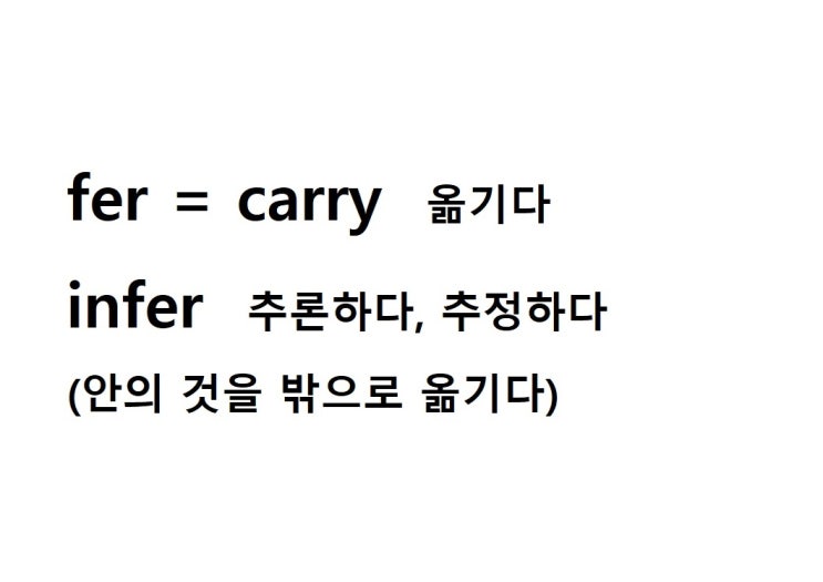  어근 fer = carry 옮기다 (infer 안의 것을 밖으로 옮기다 = 추론하다, 추정하다