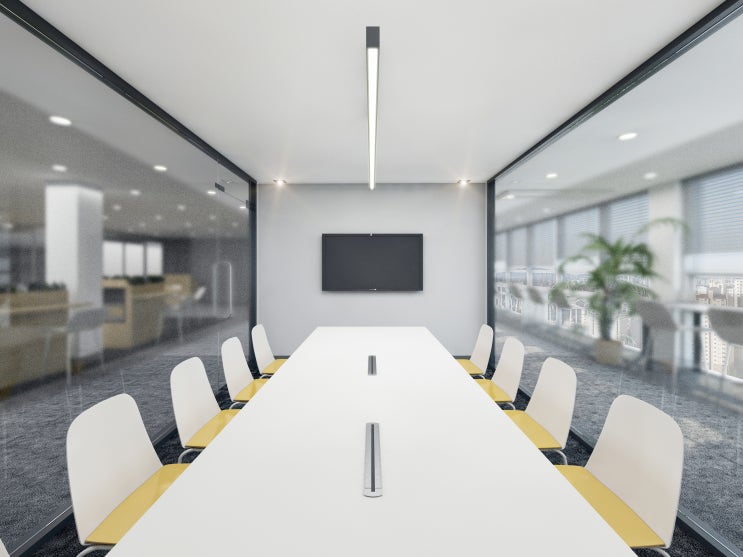 불투명한 유리 벽 디자인으로 공간의 단점을 완벽하게 보완한 회의실 인테리어 내부 투시도