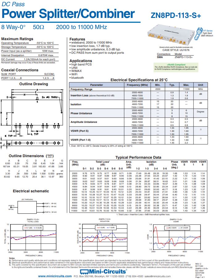 Power Splitter/Combiner ZN8PD-113-S+