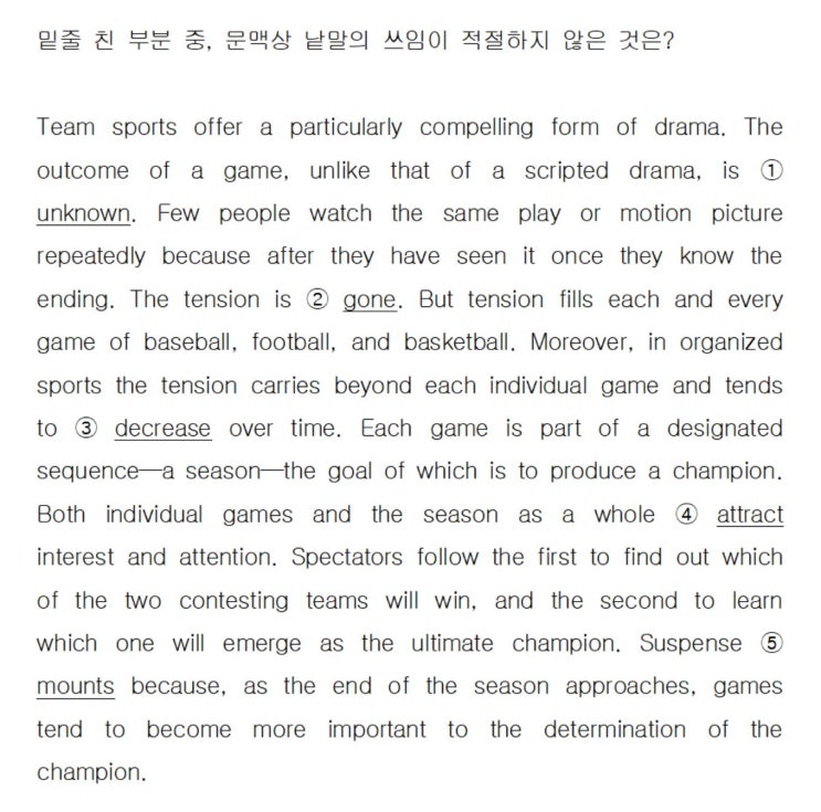  [어휘] EBS 리딩파워 해설 Team sports offer a particularly compelling form of drama. The outcome of a (직독직해)