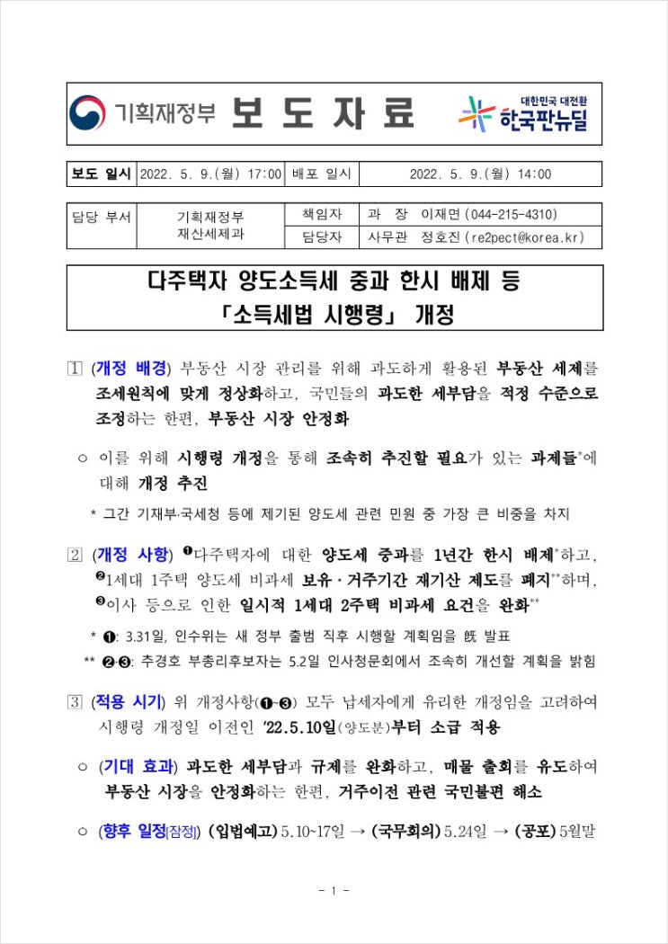  다주택자 양도소득세 중과 한시 배제 등 소득세법 시행령 개정