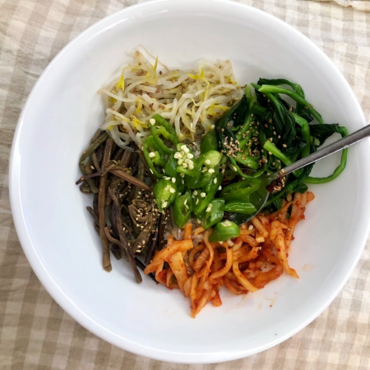 다이어트 특별식 : 곤약밥과 나물을 넣은 저칼로리 비빔밥