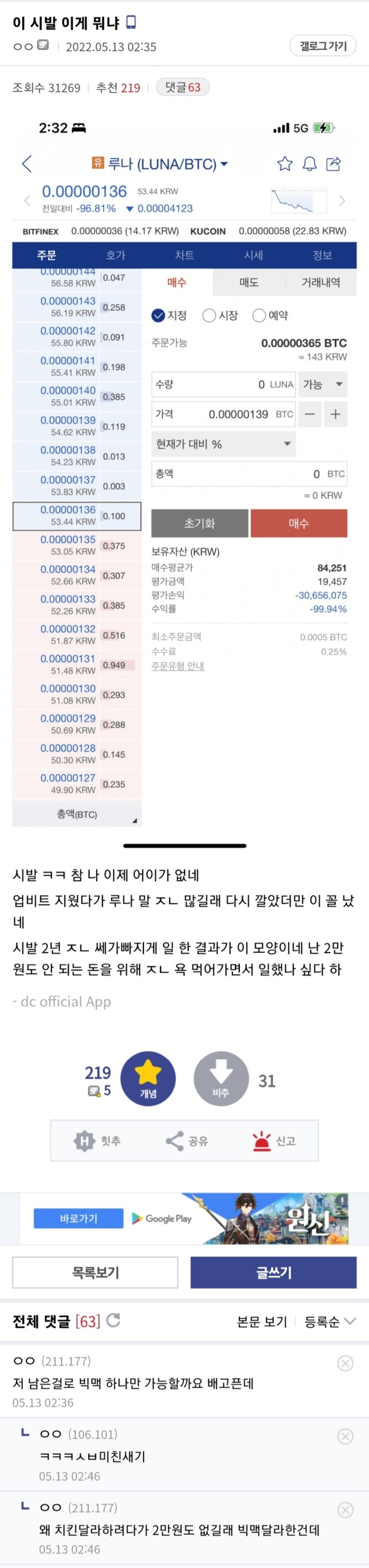 3천만원 -> 2만원... 코인갤 반응.jpg : 네이버 블로그